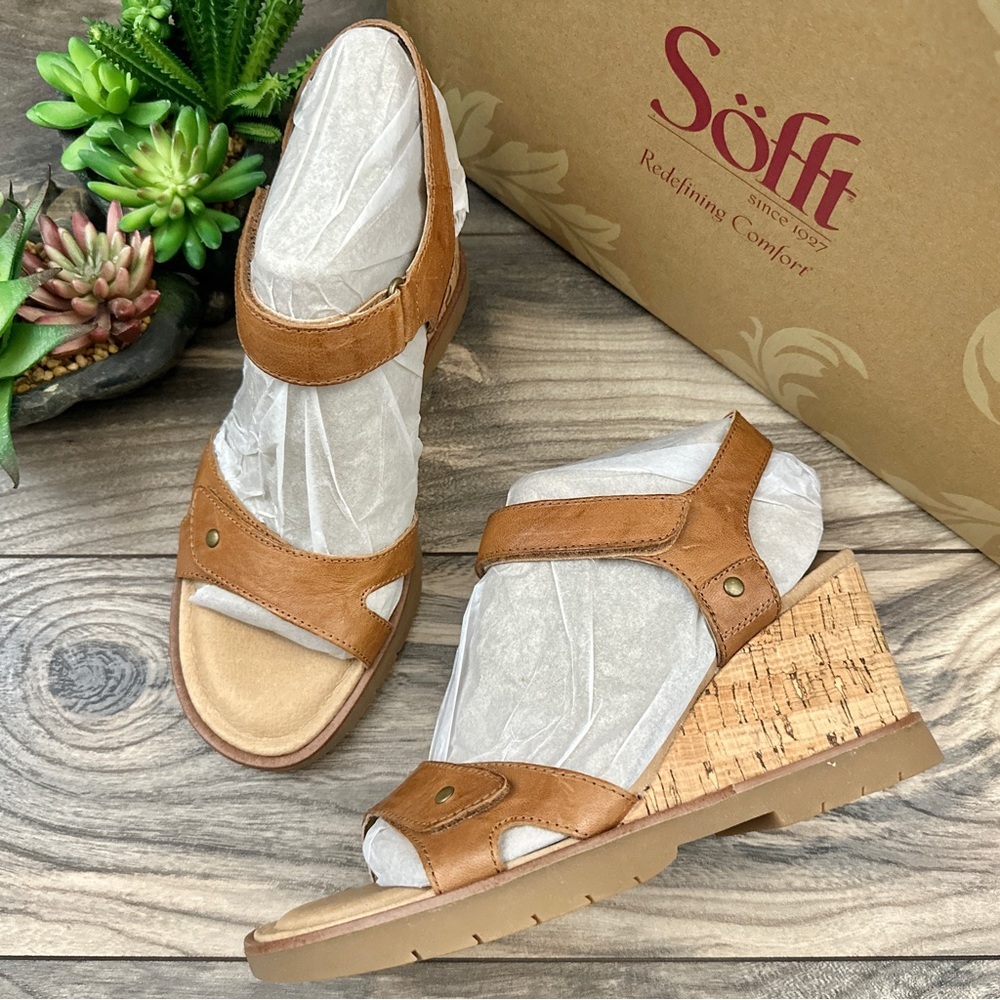 NIB Sofft Cyndy Strappy Wedge Leather Sandal Luggage Tan 9M 40